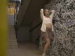 Sweet blonde Carolina Sun flashes her tits and pussy