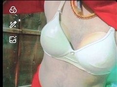 Indian Gay Crossdresser Gauri Sissy XXX Video Call in Red Saree Showing His Boobs and Bra Strap