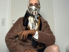 Silk Scarves Mask and Headscarf with the Brown Winter Coat