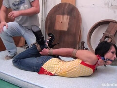 Lucy hard hogtied tight ballgagged completely immobile