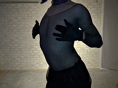 Sexy dress, fishnet stockings, high heels and cum