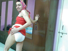 Hot crossdresser Sweet Lollipop in Red hot dress with white innerwear getting nude.