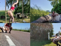 Having Fun Outdoors with My 2 Huge Toys & a Huge Cumshot While Blindfolded Close to the Public Road