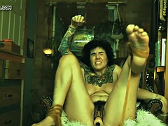 Babe with hairy pussy fucked by a machine. mp4