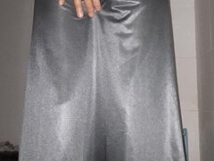 Satin Silver Long Skirt Pissed and Cum Rag