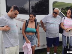 Teen Latina with big boobs rides her stepbro in the van