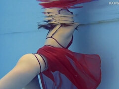 Super hot babe Martha in red lingerie underwater and by the pool