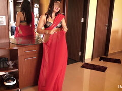 Indian Bhabhi In Red Sari Striptease Show