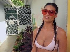 Latina Katana Kombat with wonderful tits seduces a stallion and has sex with him at home