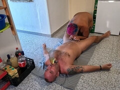 Husband Lying on His Back Trying Piss and Cum Through a Funnel