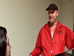 Short haired teen fucks his gym teacher in the locker room