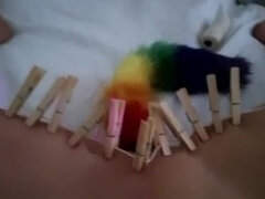 Wand Orgasm Punishment with Rainbow Foxtail Butplug and Clothes Pins Zipline