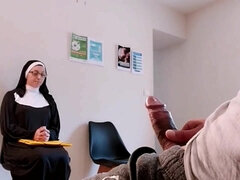 Horny pervert shows his huge dick to nun