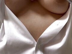 Training nipples with tongs Wearing boyfriend's baggy Y shirt, F cup, areola, nipple, breasts...