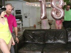 18-years old girls Athena Faris and Judy Jolie swap their horny dads