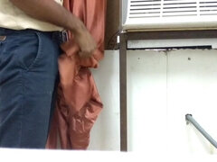 Handjob with Orange Satin Silky Curtain in Office (36)