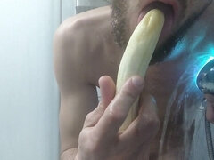 Slender Sissy Boy with a Huge Dick gives a Banana Blowjob and Plays with him and his Tight Anus