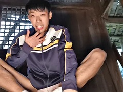 Cum boy Masturbation china Asia forest wooden house outdoor