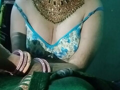 Indian Gay Crossdresser Gaurisissy Pressing His Boobs so Hard and Enjoying in Green Saree