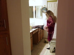 Stepmom prepares for bed while stepson watches and masturbates until he is caught and she lets him put it in