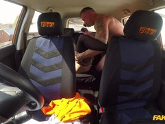 Lavishly tattooed MILF in stockings pleases Luke in the car