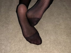 Girl Shows off Her Sexy Legs in Black Nylon Pantyhose for Foot Fetish Lovers