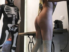 Huge cum load on her big natural tits body and legs after edging and no hands cumshot with a tight pussy hot brunette babe