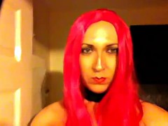 Flashing tranny stripping in pink hair cosplay