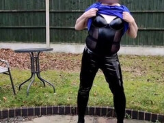 Satin Blouse and Tight Pvc Leggings Outdoors