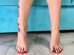 Bare Feet with Long Toes, Red Toenails Polish