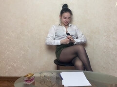 Brunetka, Bielizna, Nylon, Biuro, Rajstopy, Sekretarz, Delikatny, Solo