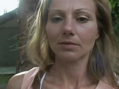 Soccer mom wants to fuck outdoors and additionally gets a big purple pole in her fuck hole