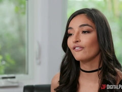 Young latina pleasuring short-haired beauty on the sofa