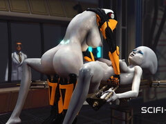 Futa sex robot plays with a female alien in the sci-fi lab