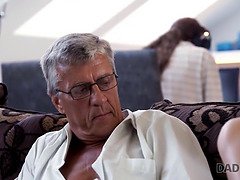 Old guy still in great shape to fuck sons girlfriend on sofa