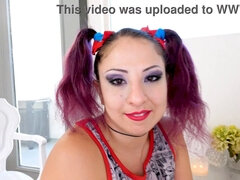 Queen Gia Love worships a pigtailed guy with a huge cock and swallows his load