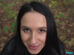 Brunette gets on her knees outdoors to give head - Hitch A Ride On My Cock - Erik Everhard