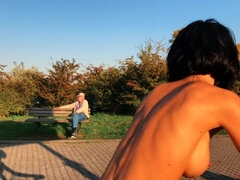 Naked German Brunette Bicycling Naked Outdoors in Public Park