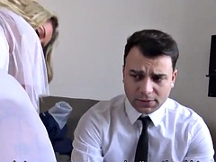 DEBT4k. Slutty young wife cheats on husband for money in front of him