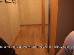 Naughty blonde with curly hair gets her pantyhose ripped by debt collector in POV reality