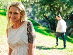 Passionate blonde doll with huge boobies Alexis Malone fucked in the forest