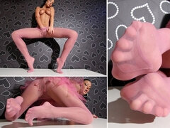 Petite Footmodel Tea Jul Getting in Lycra Pantyhose and Spreading Her Nylon Toes