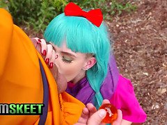 Watch as Bulma's cosplay teen takes a massive cock in her tight pussy and gets a sticky creampie