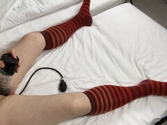 Fuck Machine, Infatable Butt Plug, Red Striped Burlington Knee-high-socks, Cumshot