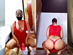 Classic striptease, red dress and panties