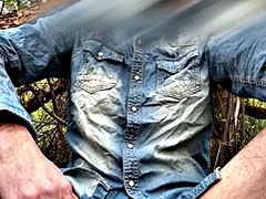 Interrupted outdoor cumshot in chastity cage