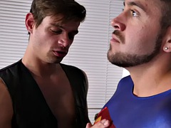 Ripped bareback cosplayers jerking off in an erotic couple