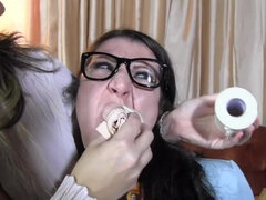 Brutal lesbian femdom with humiliation and gagging - brunette babe in eyeglasses tied up