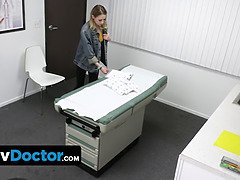 Slim blondie patient lets perv doctor and his hot booty nurse to open up her narrow teen vulva