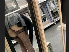 Shopping in leather mini skirt no panties